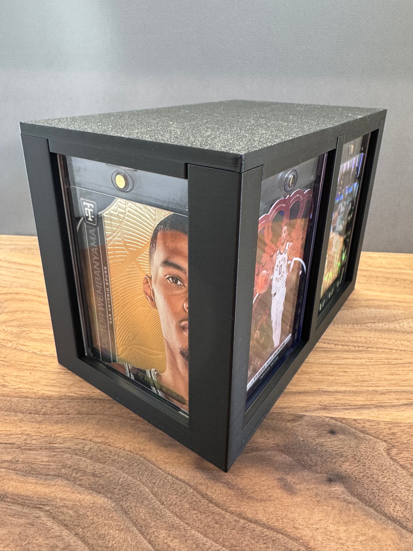 One Touch Station magnetic case display and storage box in black displaying basketball cards