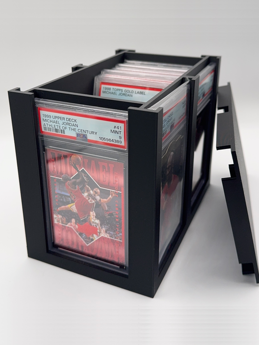 Slab Station, black graded card display box showing 6 PSA slabs on front with storage inside, Vertical View.