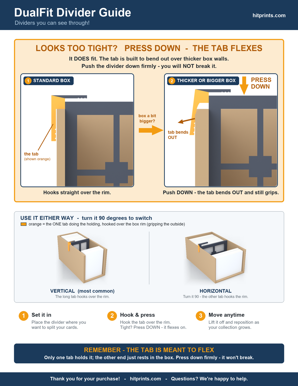 DualFit card divider guide showing how the flexible tab hooks over standard and thicker storage box walls, and how to use the trading card divider vertically or horizontally