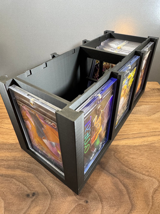 One Touch Station Large display and storage box open, showing a Charizard V Pokemon card and magnetic case storage rows