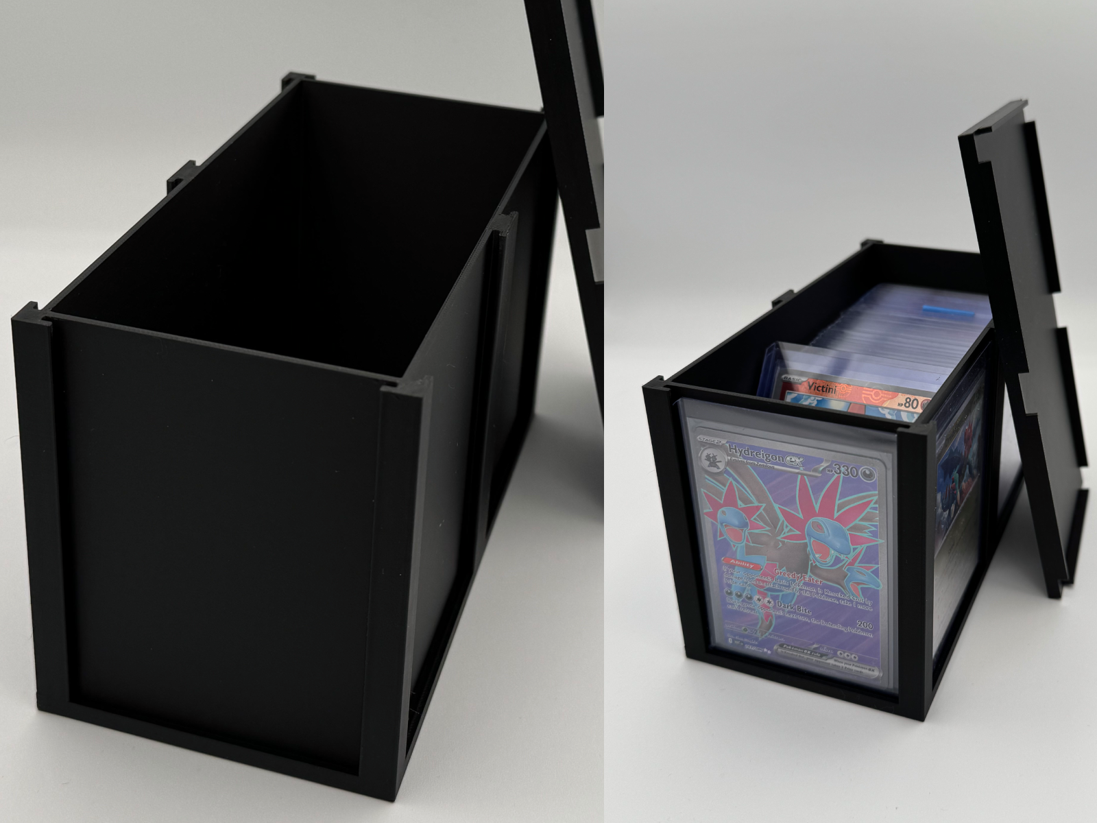 Holder Station, Top loader display and storage box product overview showing it full with cards, and empty at the same time.